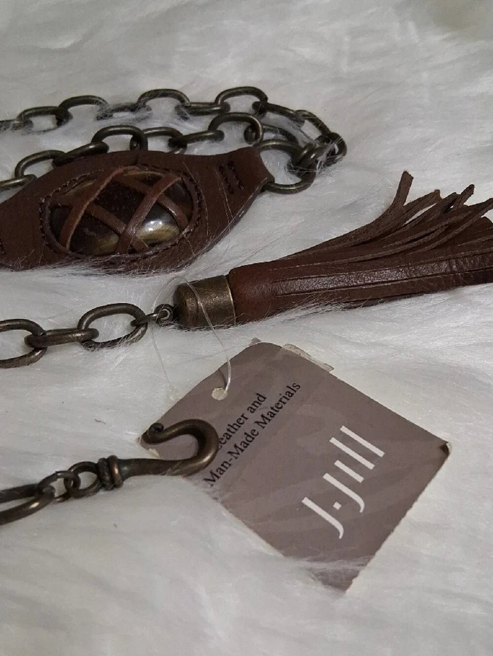 NWT J. Jill Boho Brown Leather Tassel Chain Belt-Bark Color-L/XL